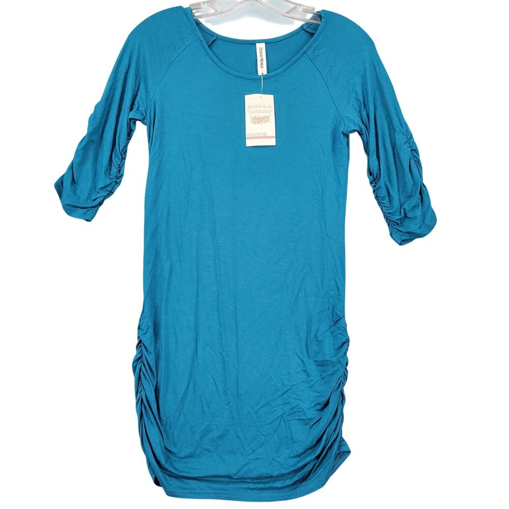 Zenana Premium Blue Teal Tunic Dress NEW Stretch Bodycon Gathers Women's Size M